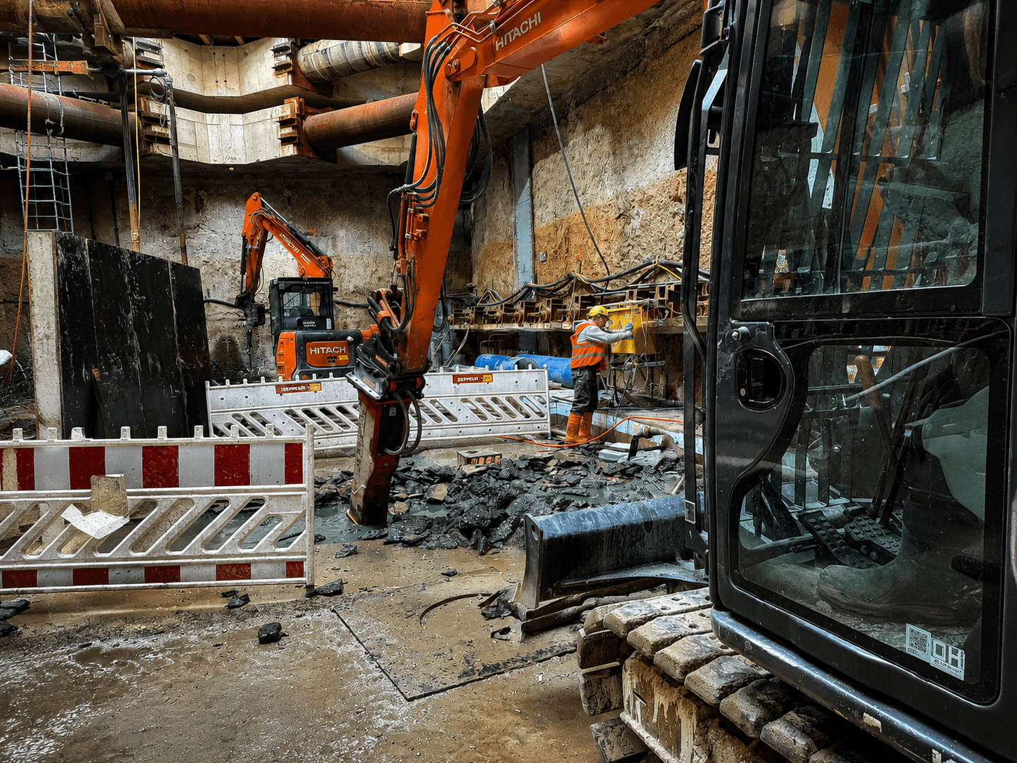Hitachi Hydraulikbagger mit Abbruchhammer beim kontrollierten Betonrückbau im Bestand in Köln