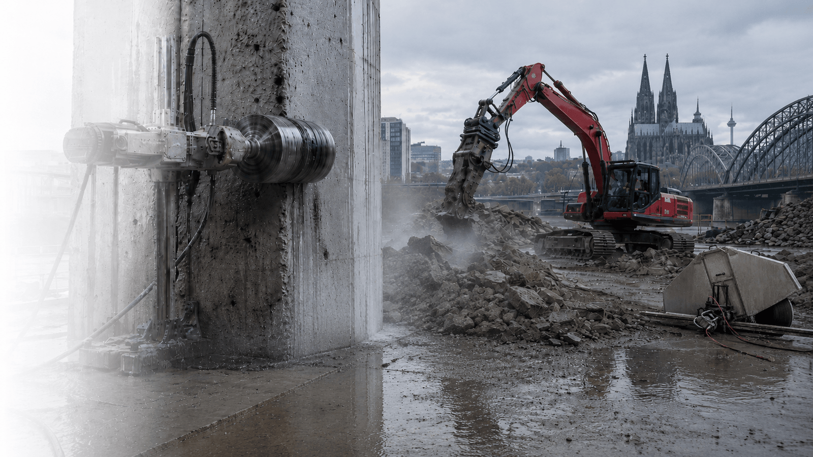 Betonbohr- und Abbrucharbeiten mit Spezialmaschinen vor der Kölner Skyline