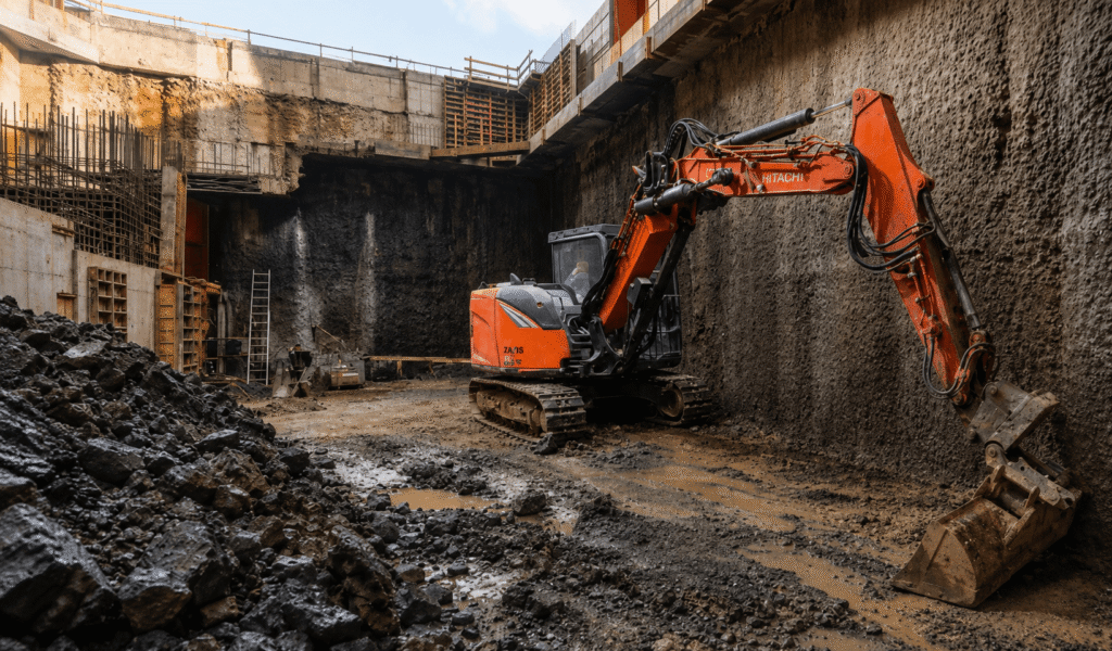 Betonrückbau mit Hydraulikbagger und Abbruchhammer in Köln