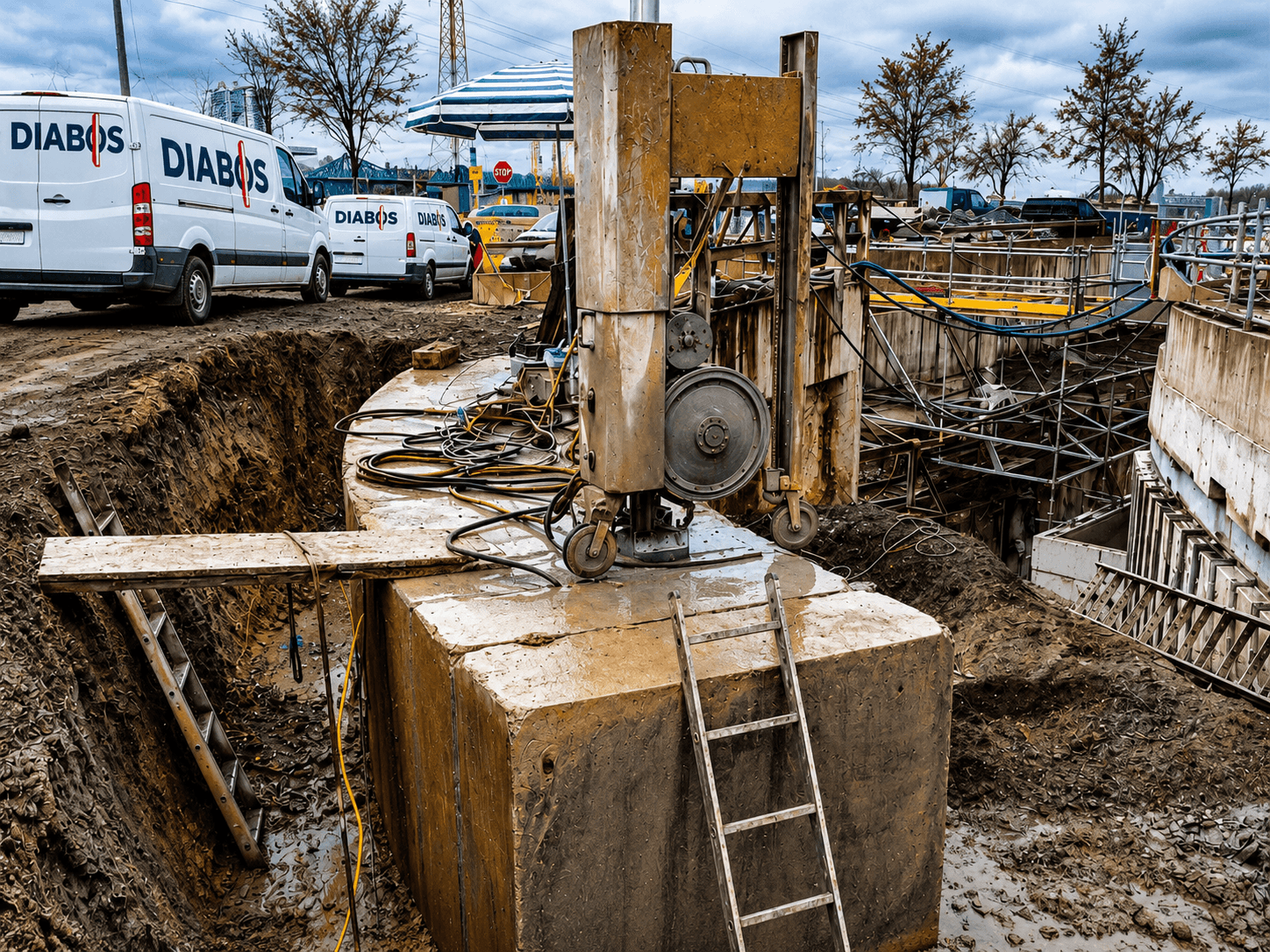 Diamantseilsäge beim Trennen eines massiven Stahlbetonfundaments