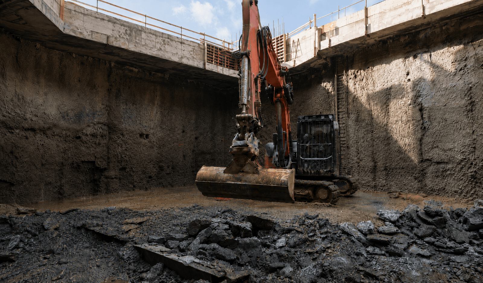 Hydraulikbagger mit Abbruchhammer beim Betonrückbau in Köln