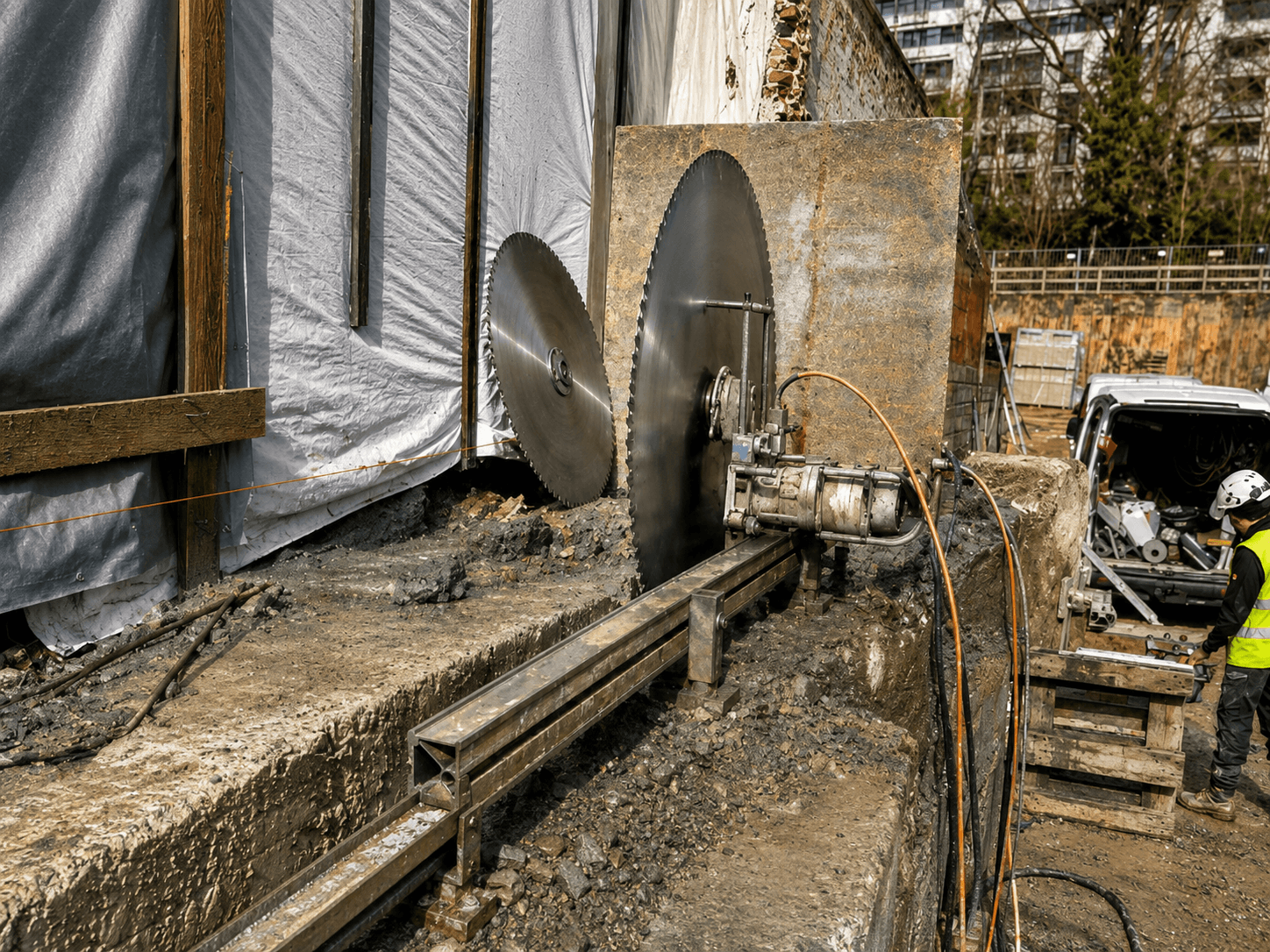 Schienengeführte Wandsäge beim Trennen eines massiven Betonfundaments