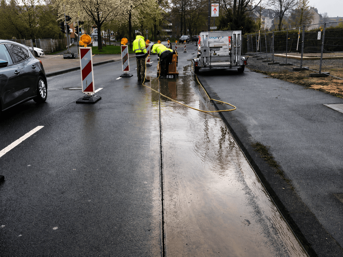 Fugenschneiden in einer Asphaltfläche mit professionellem Fugenschneider